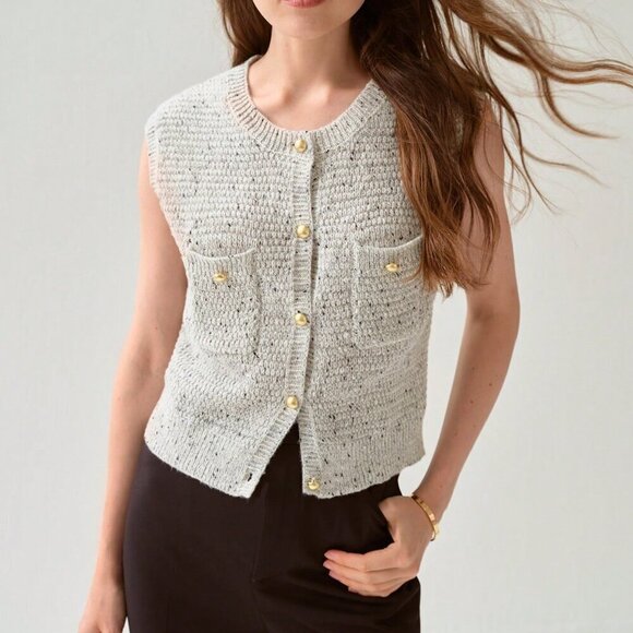 Light Grey Women's Casual Blend Gray Button Trimmed Sweater Vest - Picture 8 of 8